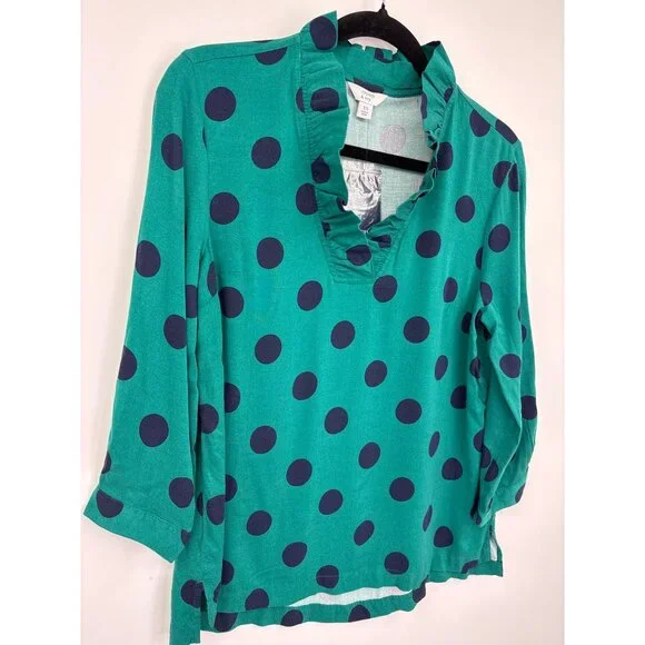 Crown & Ivy Ruffle Neck Polka Dot Blouse Top 3/4 Sleeve Green XS NEW - Picture 2 of 5